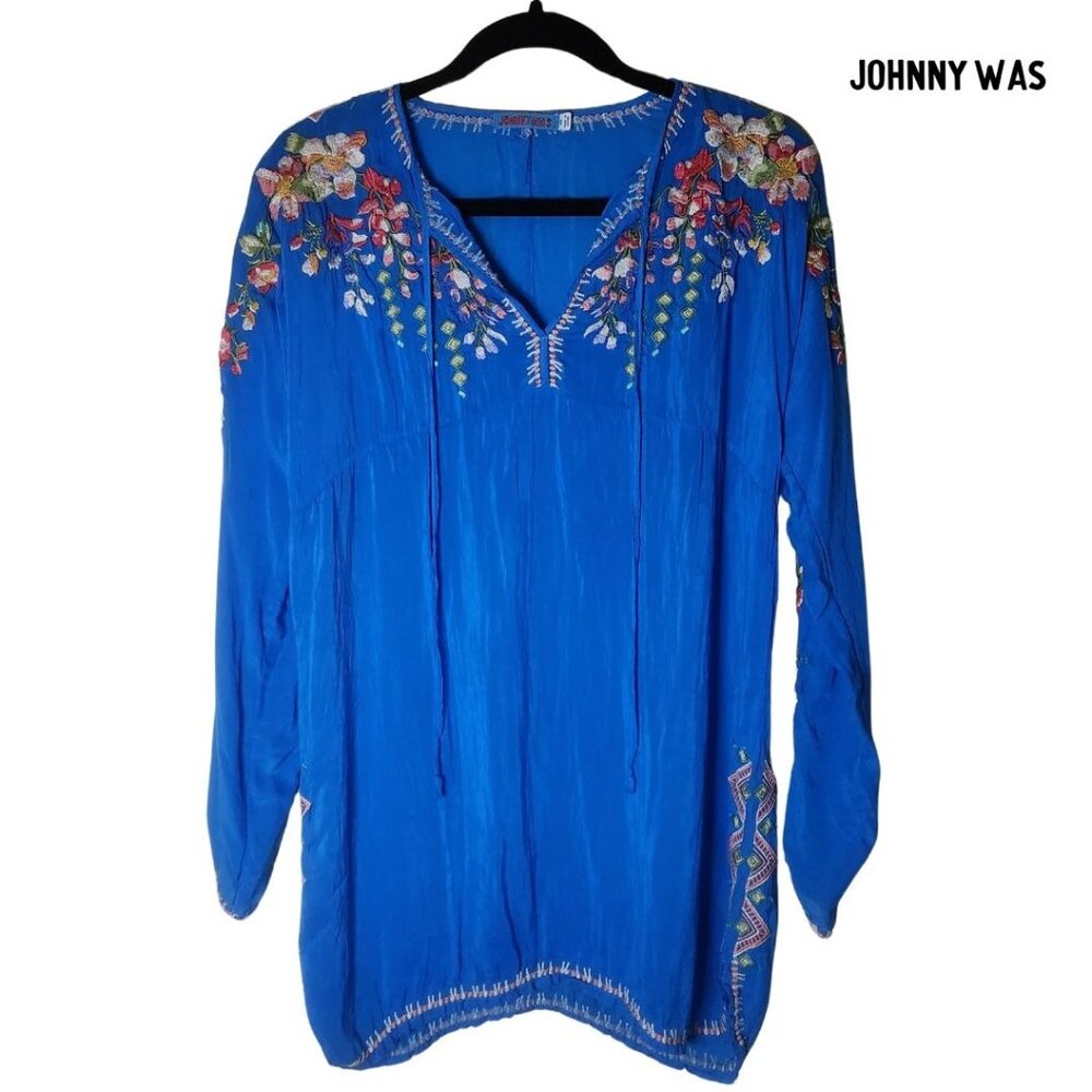 JOHNNY WAS Tunic Shirt Blue Sz Petite S Floral Embroidery Boho Colorful